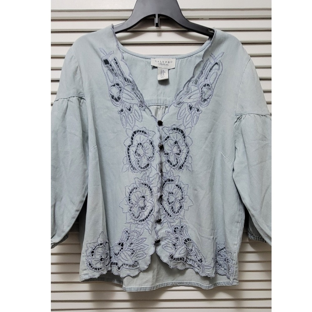Blue Embroidered Eyelet Cotton Blouse Rose Buttons M Calypso St. Barth Womens - Picture 1 of 10